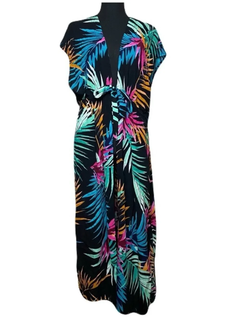 Beach Coverup Kimono  Black Tropical Floral 100% Rayon Size L- XL